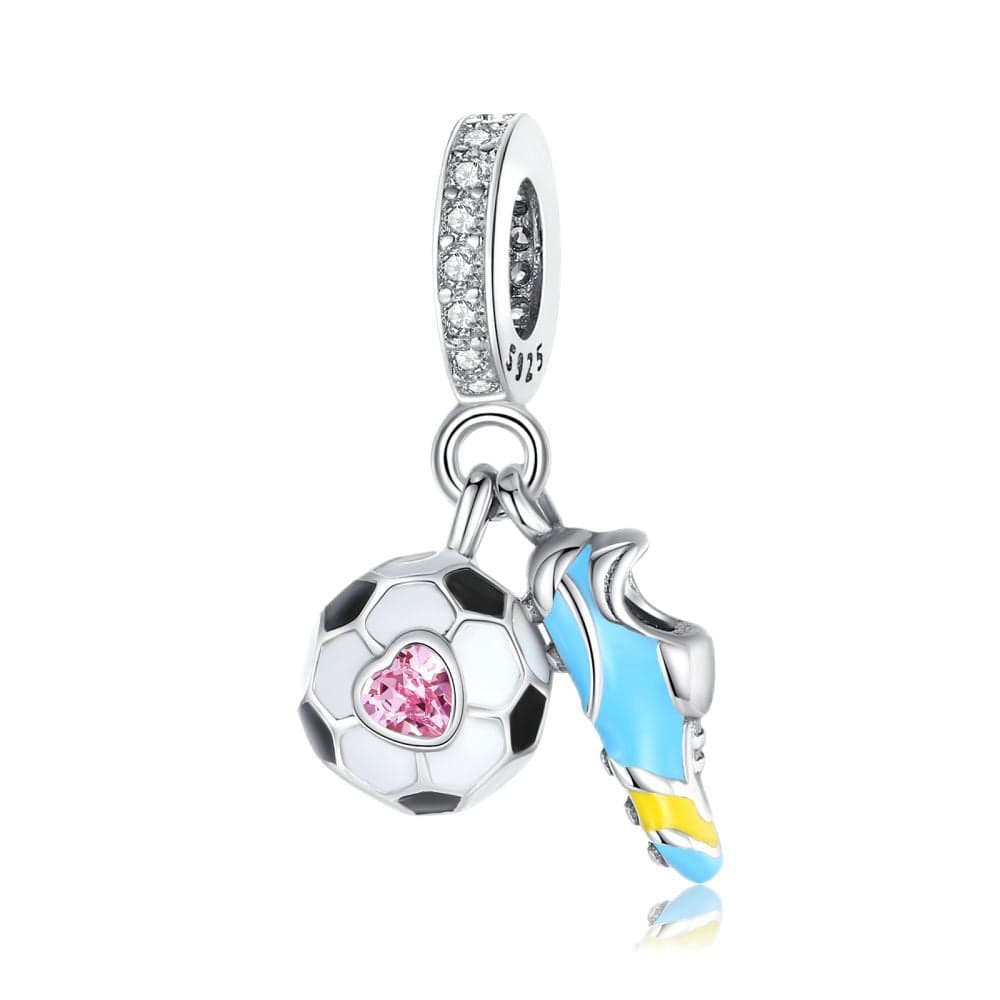 Pangama Jewelry Charm Soccer Ball and Cleat Charm with Pink Gemstone Heart