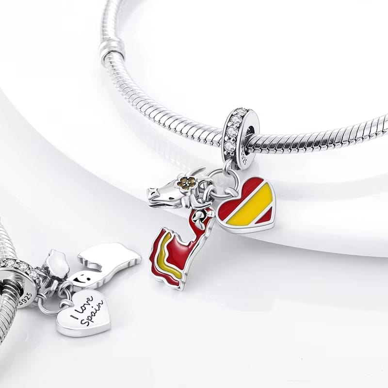 Pangama Jewelry Charm Spain Heart Flag, Flamenco and Bull Dangle Charm