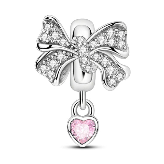 Pangama Jewelry Charm Sparkling Bow with Pink Heart Charm