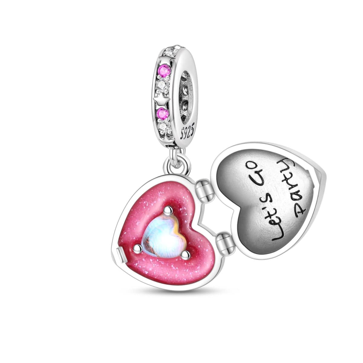 Pangama Jewelry Charm Sparkling Pink Heart Locket with 'Let's Go Party' Inner Heart Charm