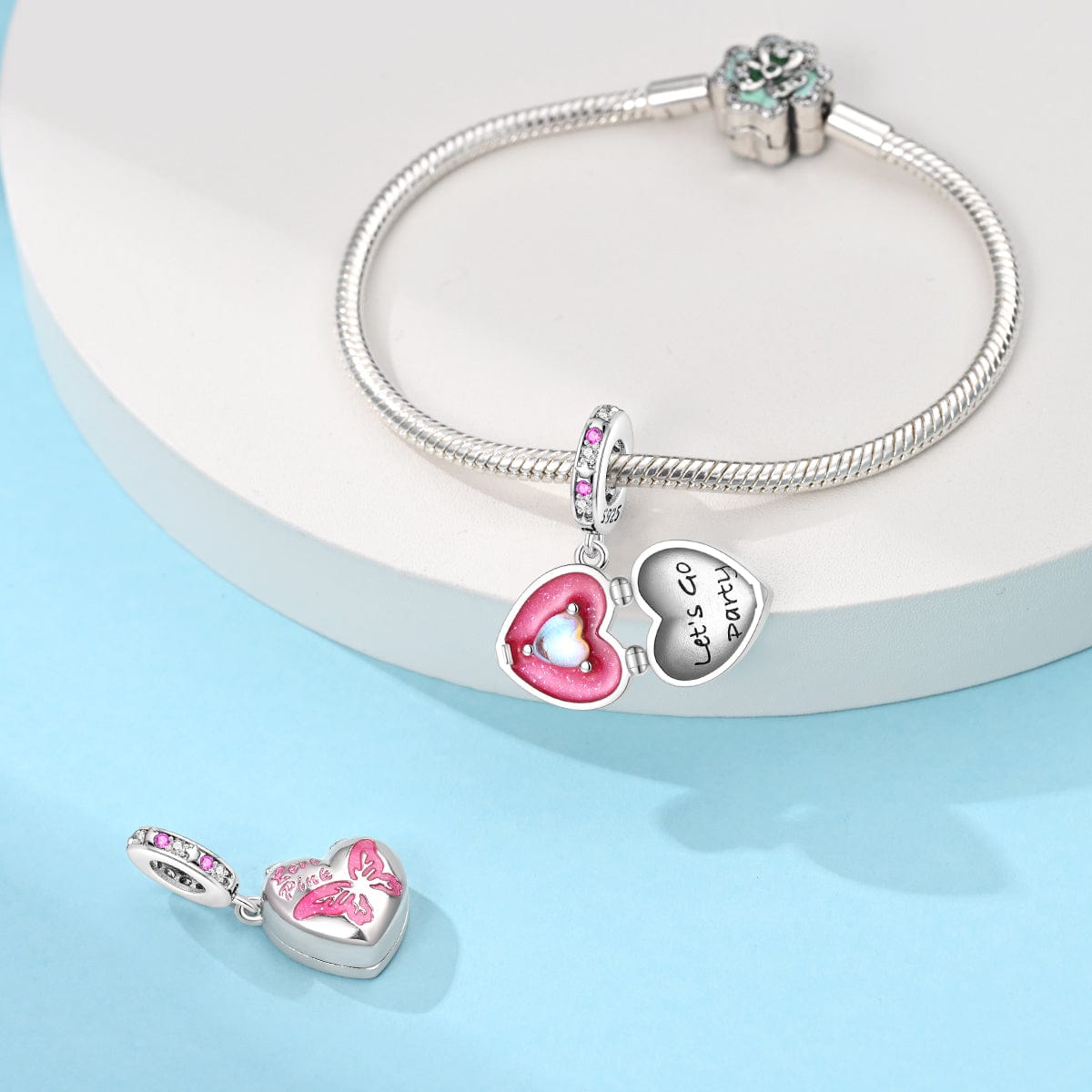 Pangama Jewelry Charm Sparkling Pink Heart Locket with 'Let's Go Party' Inner Heart Charm