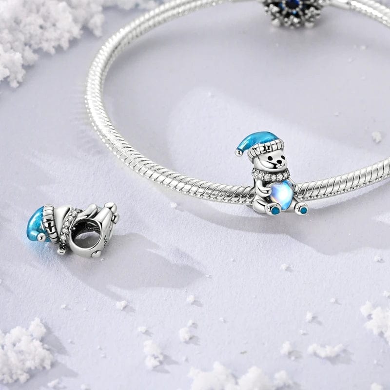 Pangama Jewelry Charm Sparkling Winter Bear Charm with Blue Heart