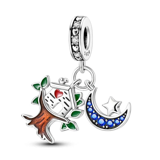 Pangama Jewelry Charm Tree of Life Charm with Birdhouse and Blue Crescent Moon