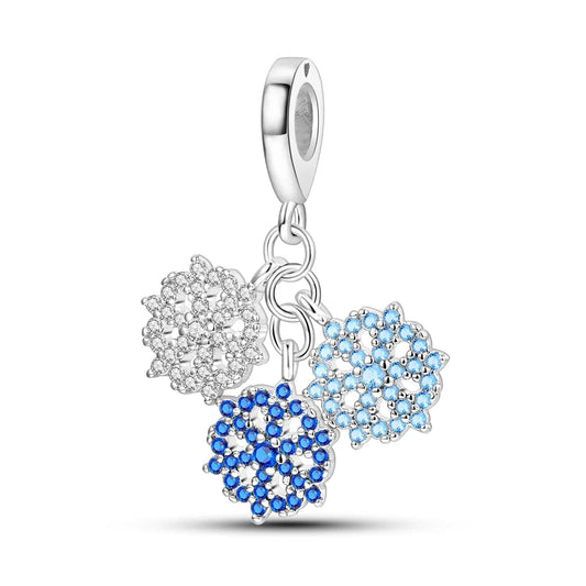 Pangama Jewelry Charm Triple Snowflake Charm with Sparkling Blue and White Crystals