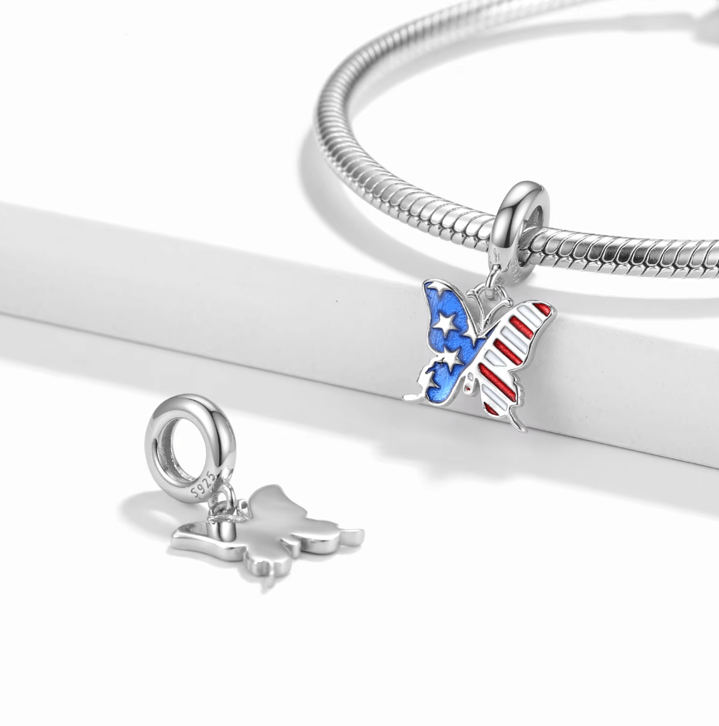 Pangama Jewelry Charm USA Butterfly Freedom Flag Dangle Charm