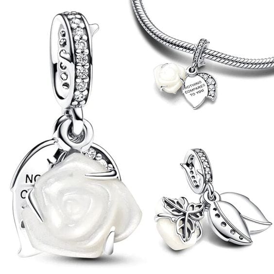 Pangama Jewelry Charm White Rose in Bloom Double Dangle Charm