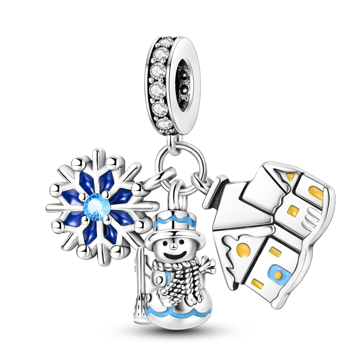 Pangama Jewelry Charm Winter Wonderland Charm Trio – Snowflake, Snowman & Cozy House