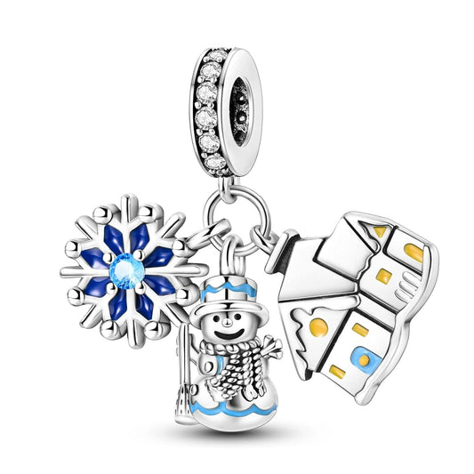 Pangama Jewelry Charm Winter Wonderland Charm Trio – Snowflake, Snowman & Cozy House