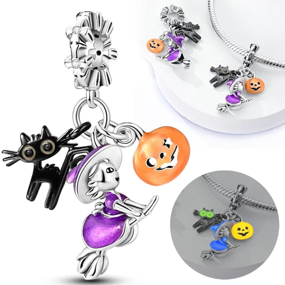 Pangama Jewelry Charm Witch on Broomstick, Luminous Cat & Pumpkin Triple Dangle Charm