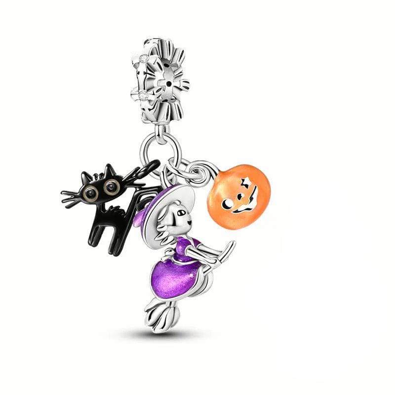 Pangama Jewelry Charm Witch on Broomstick, Luminous Cat & Pumpkin Triple Dangle Charm