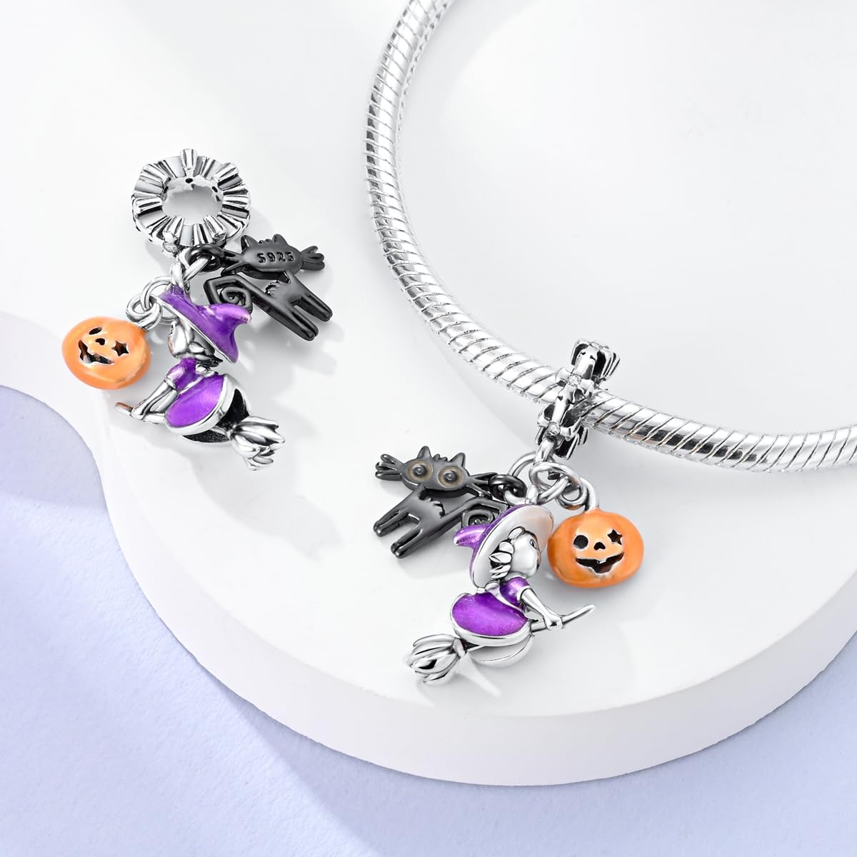 Pangama Jewelry Charm Witch on Broomstick, Luminous Cat & Pumpkin Triple Dangle Charm