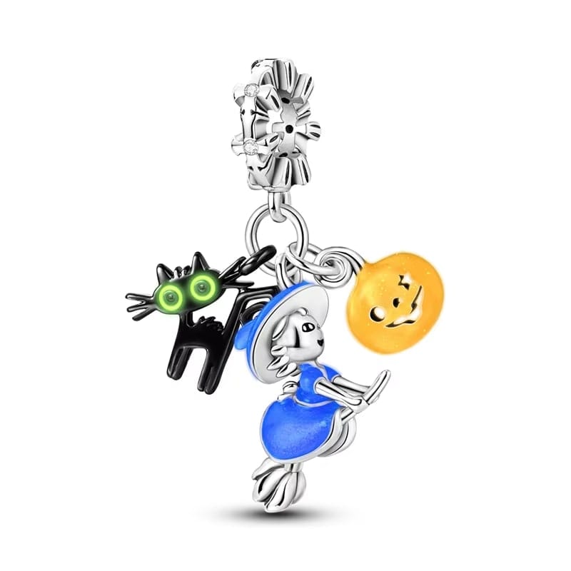 Pangama Jewelry Charm Witch on Broomstick, Luminous Cat & Pumpkin Triple Dangle Charm