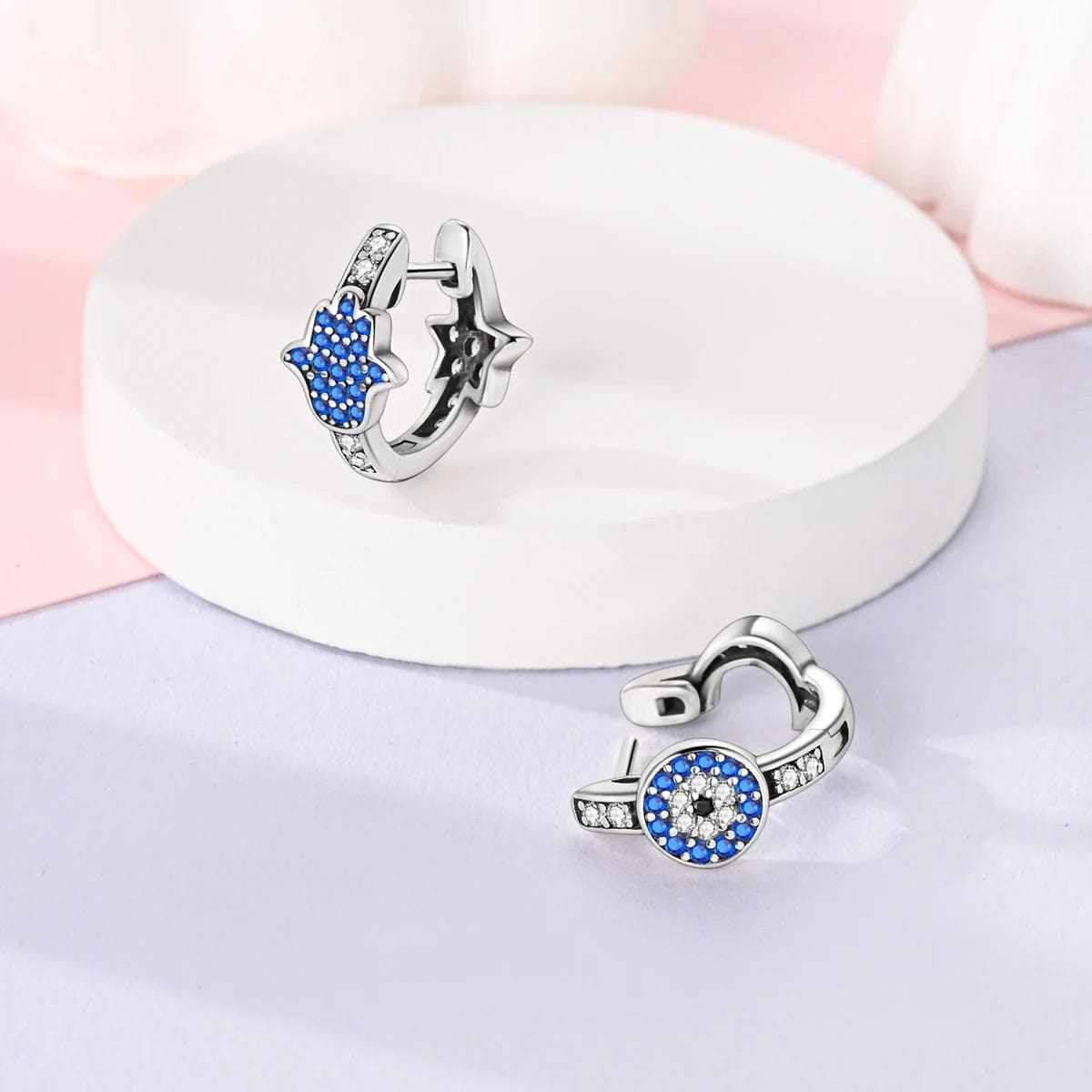 Pangama Jewelry Earrings Hamsa & Evil Eye Hoop Earrings with Blue Crystals