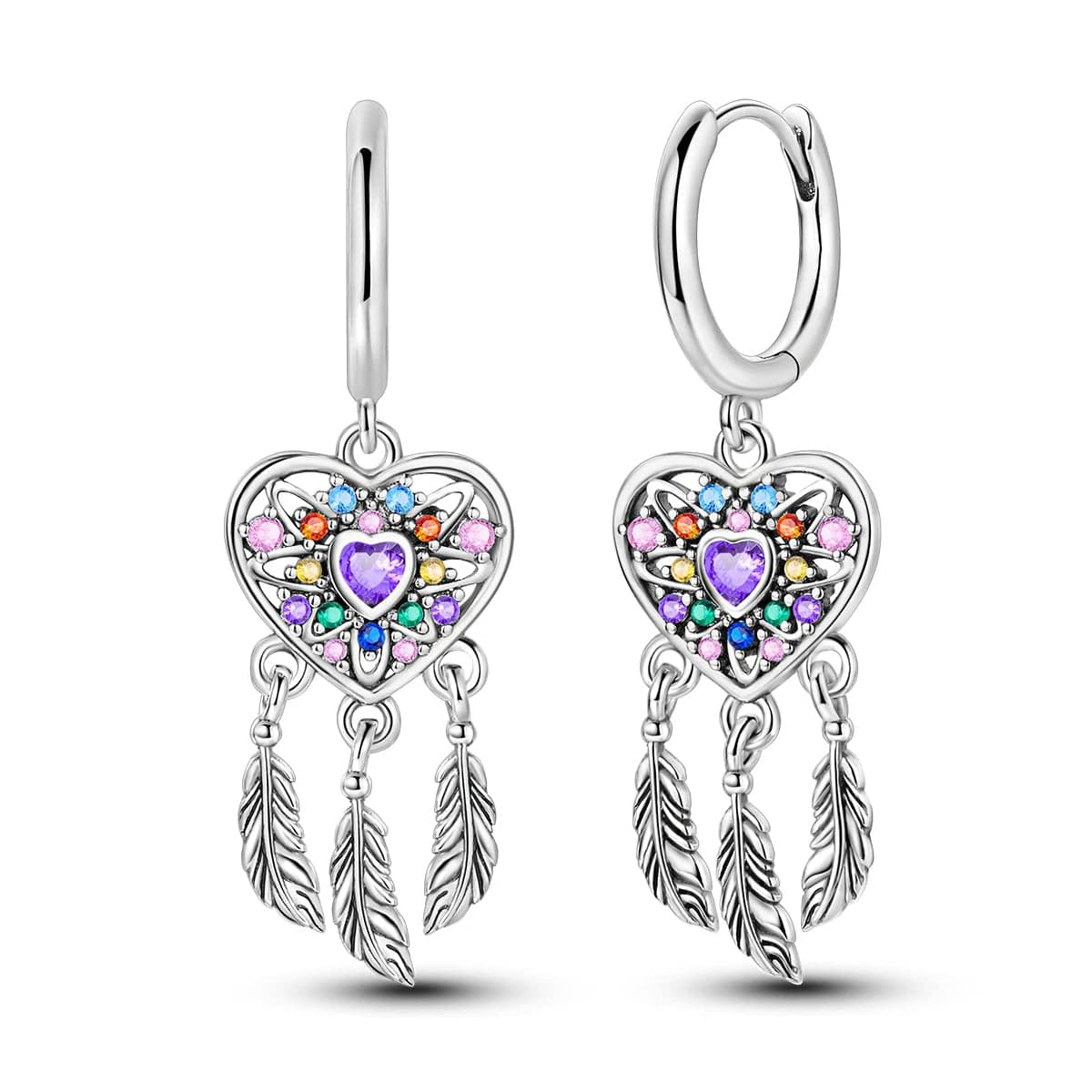 Pangama Jewelry Earrings Heart Dreamcatcher Earrings with Multicolored Gemstones