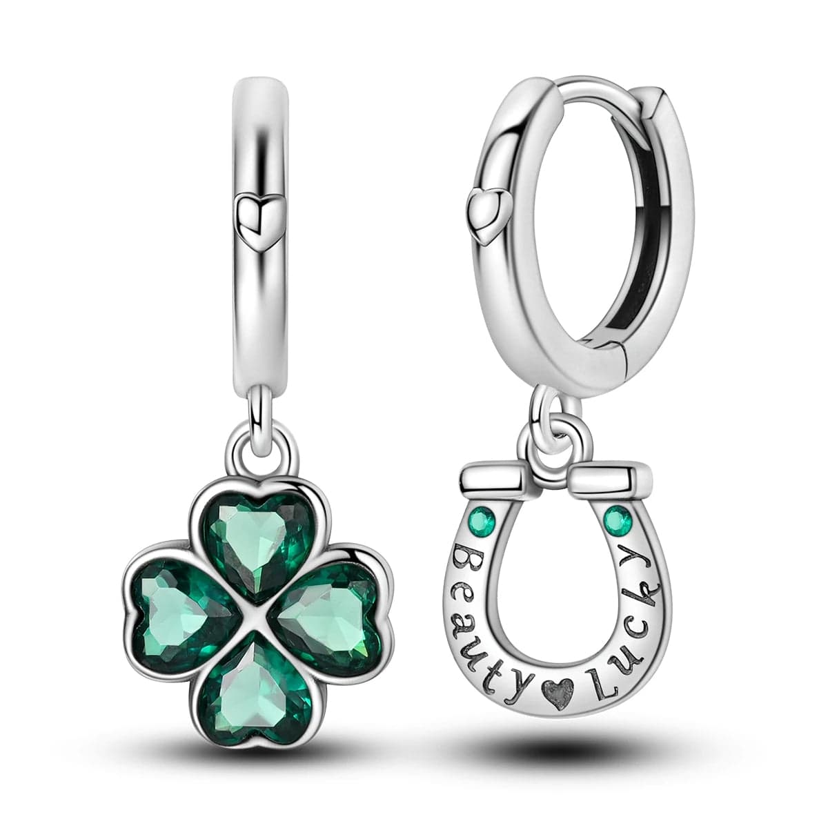 Pangama Jewelry Earrings Lucky Clover & Horseshoe Hoop Earrings with Green Crystals