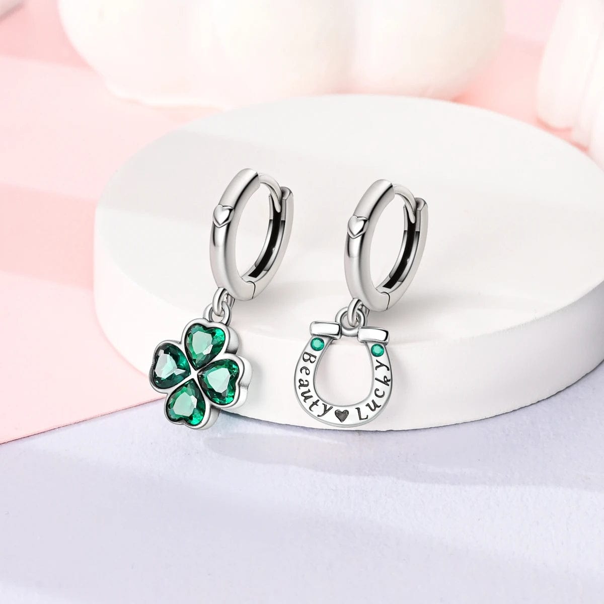 Pangama Jewelry Earrings Lucky Clover & Horseshoe Hoop Earrings with Green Crystals