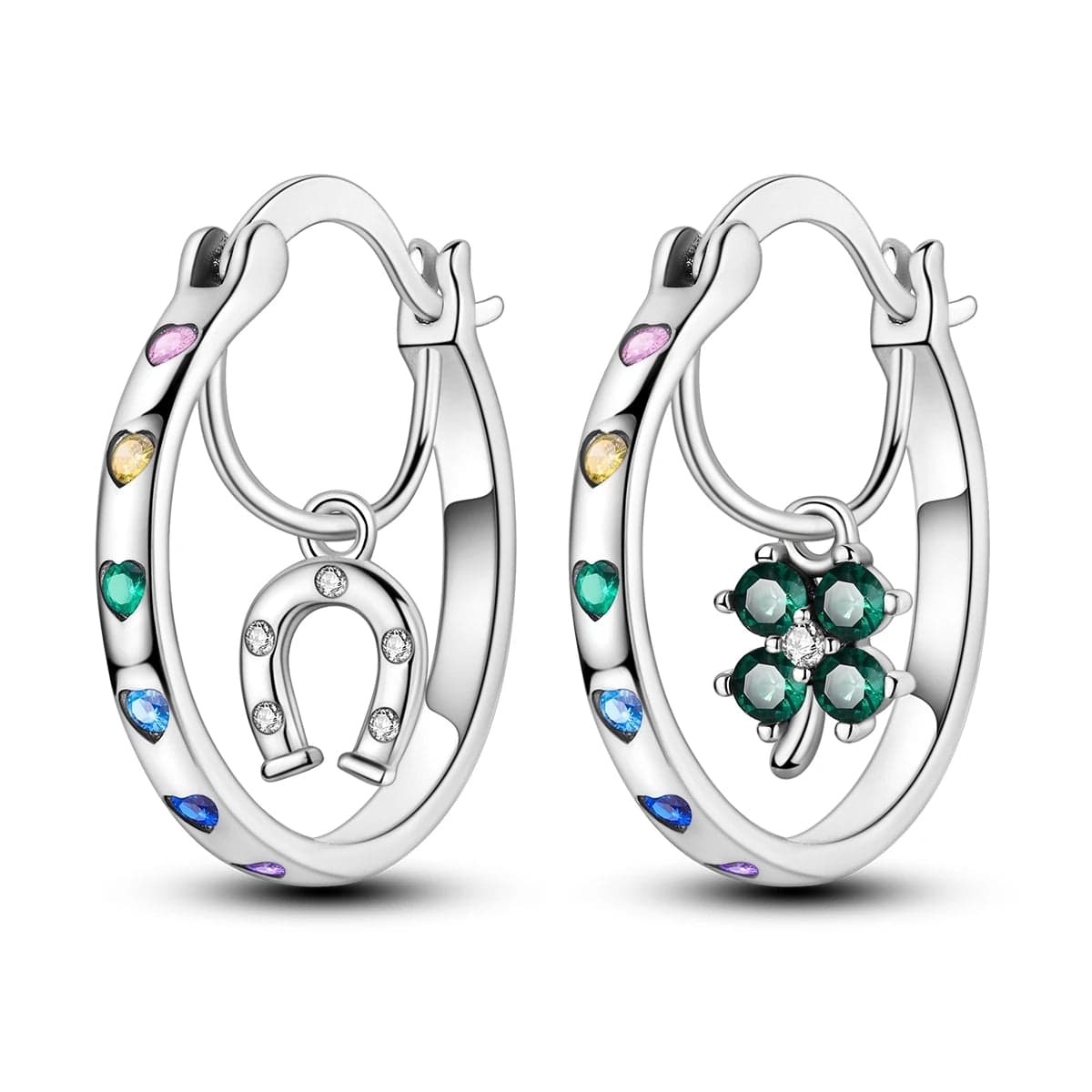 Pangama Jewelry Earrings Lucky Horseshoe & Clover Hoop Earrings with Multicolored Heart Accents