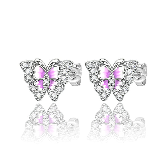 Pangama Jewelry Earrings Pink Enamel Butterfly Stud Earrings with Crystal Accents