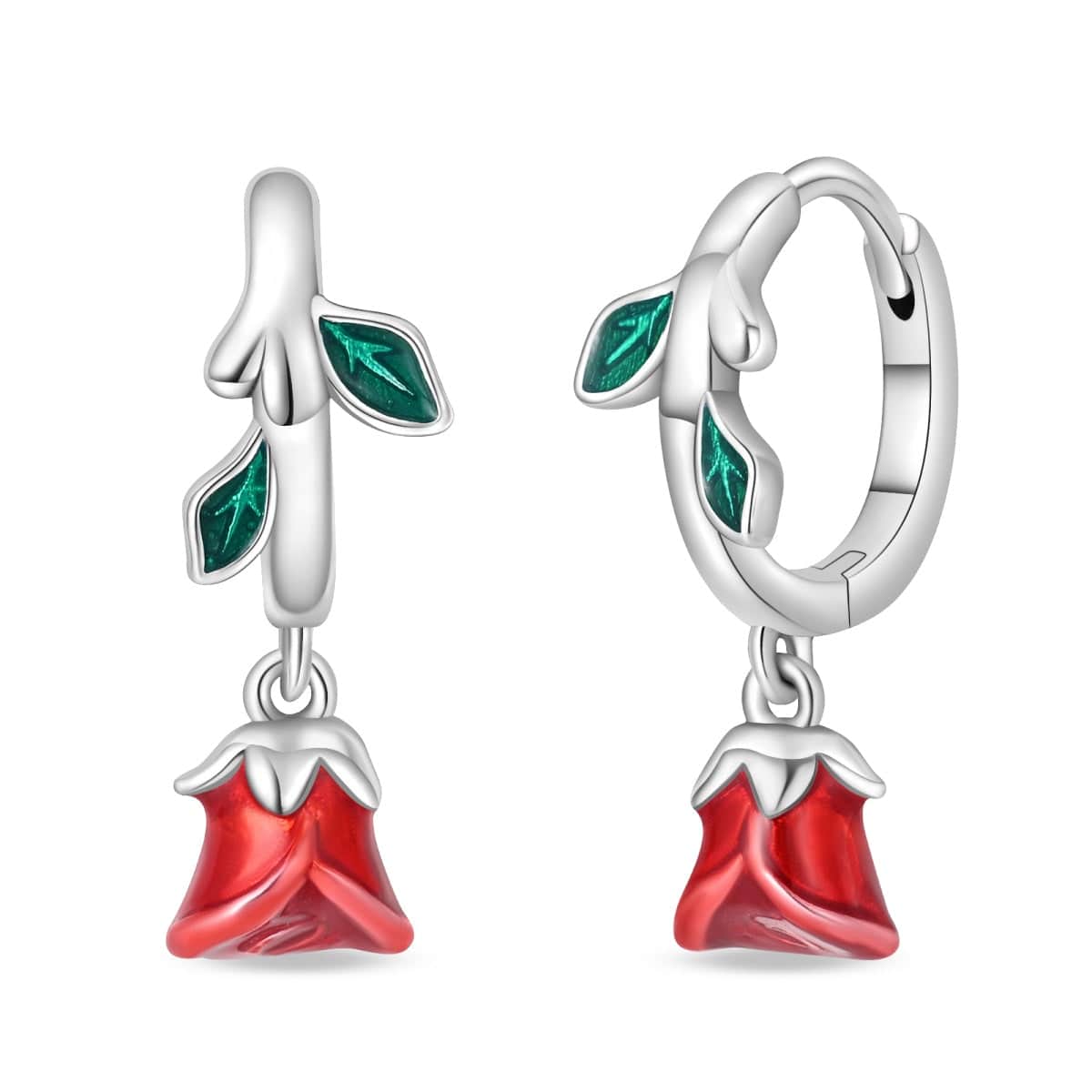 Pangama Jewelry Earrings Romantic Red Rose Drop Earrings with Enamel Leaves