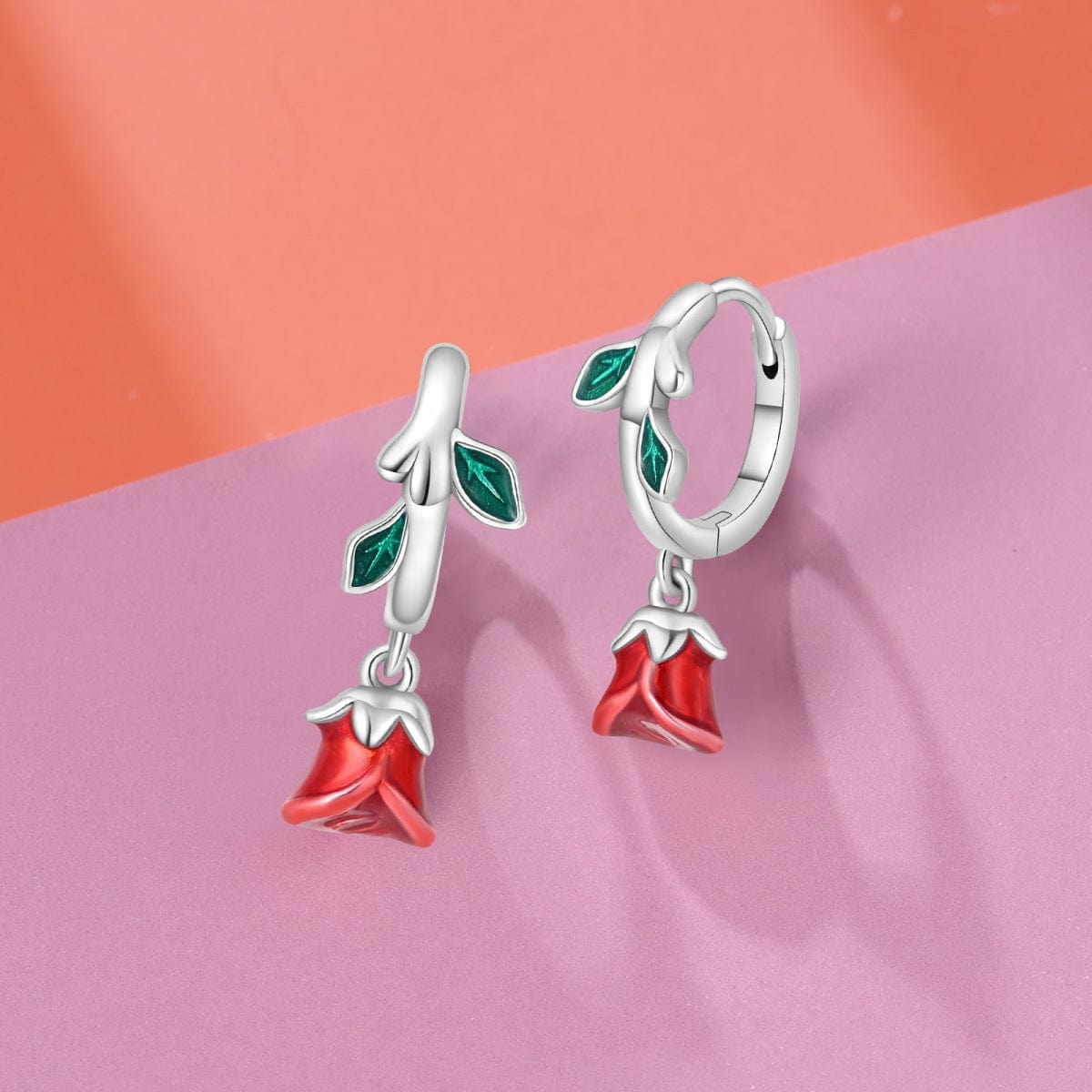 Pangama Jewelry Earrings Romantic Red Rose Drop Earrings with Enamel Leaves