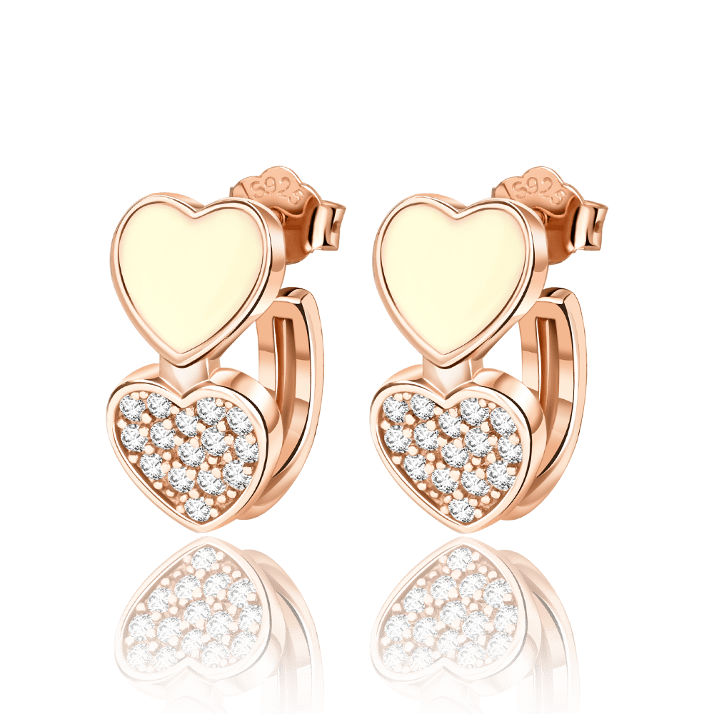 Pangama Jewelry Earrings Rose gold Double Heart Earrings with Yellow Enamel and Crystal Accents