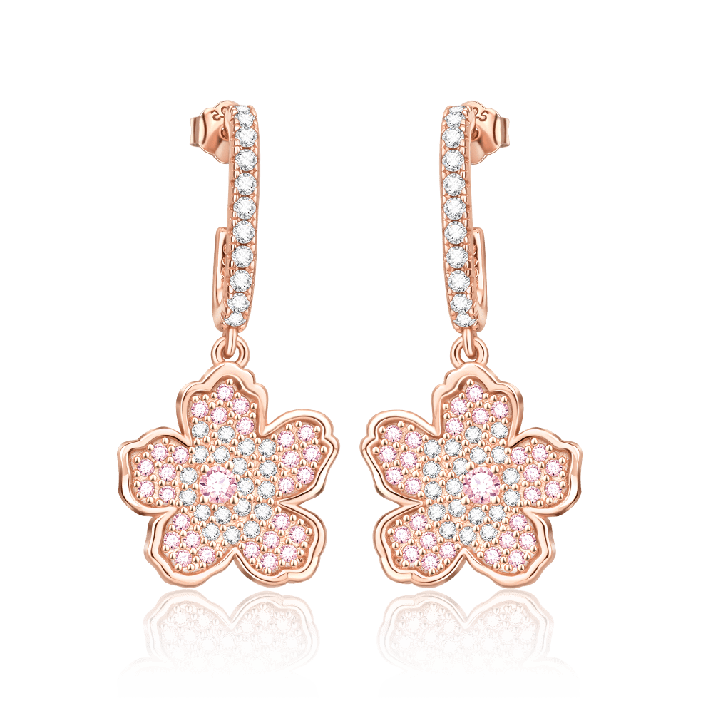 Pangama Jewelry Earrings Rose gold Pink Floral Drop Earrings with Crystal Accents