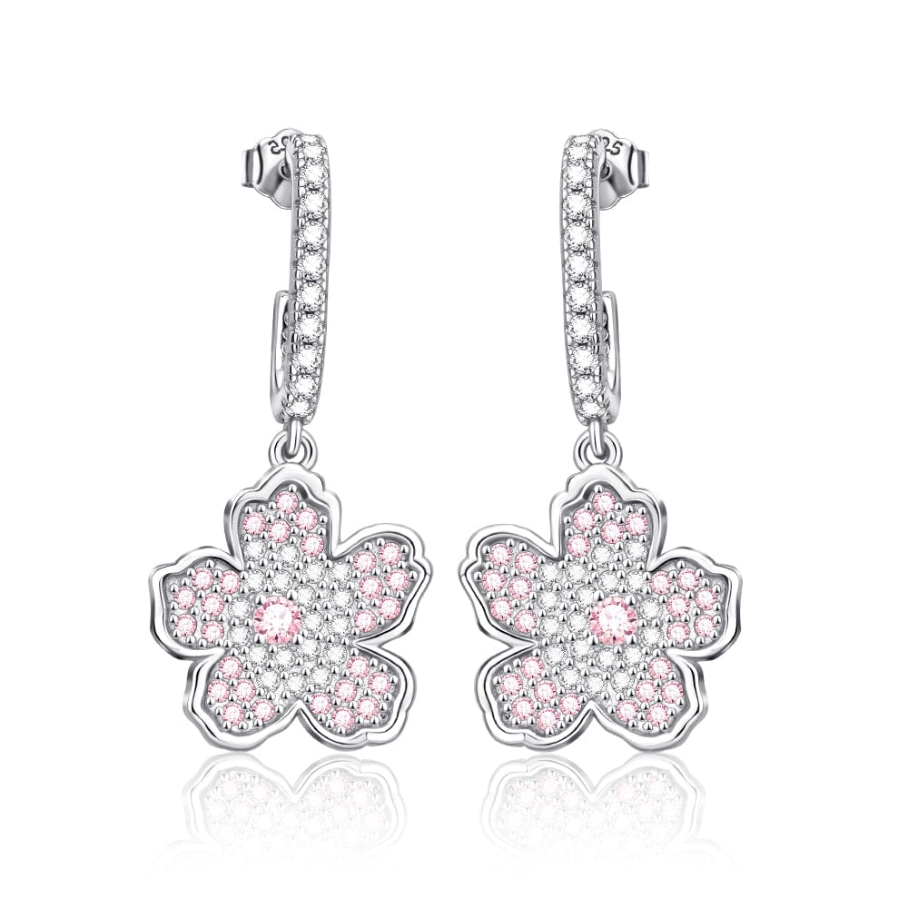 Pangama Jewelry Earrings Silver Pink Floral Drop Earrings with Crystal Accents