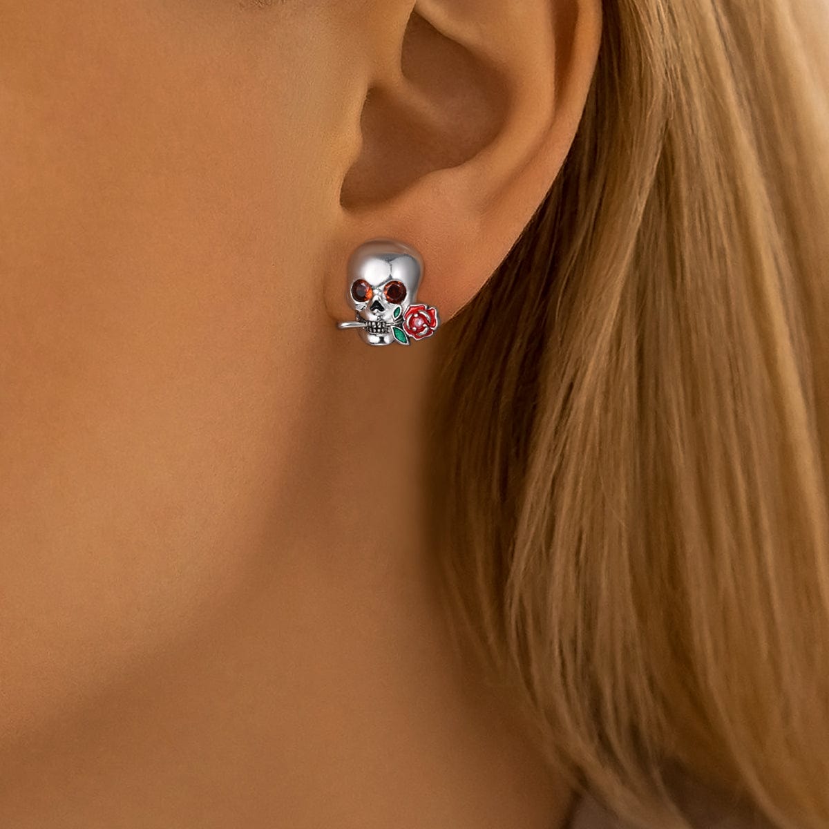 Pangama Jewelry Earrings Skull & Rose Crystal Stud Earrings with Enamel Accents