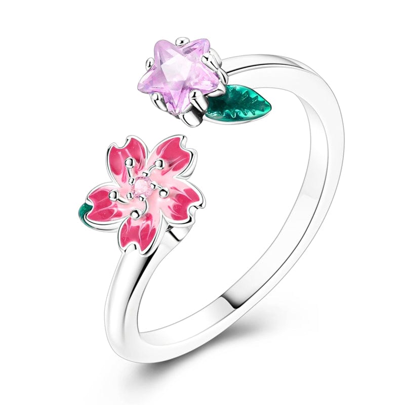 Pangama Jewelry Ring Blooming Pink Flower and Star Crystal Ring