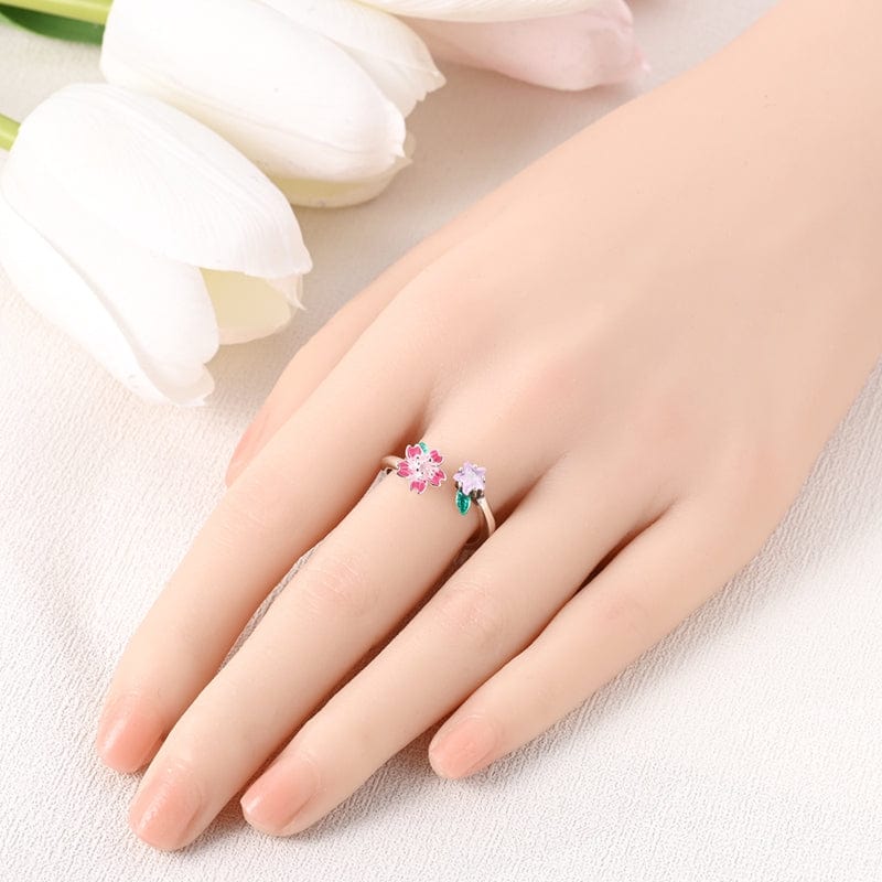 Pangama Jewelry Ring Blooming Pink Flower and Star Crystal Ring