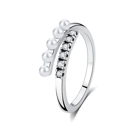 Pangama Jewelry Ring Pearl & Zircon Stone Adjustable Ring – Dual Row Design