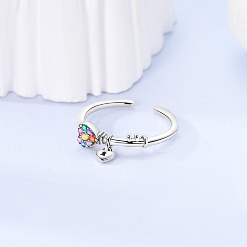 Pangama Jewelry Ring Rainbow Heart & Lock Sterling Silver Adjustable Ring