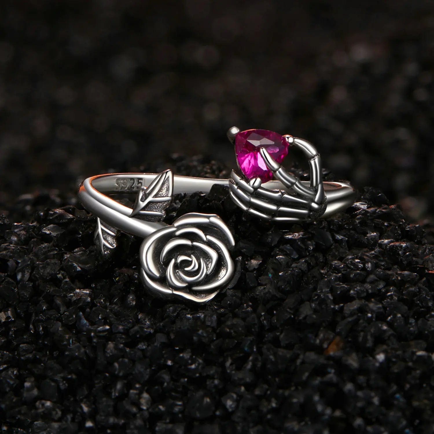 Pangama Jewelry Ring Skeleton Hand & Rose Ring