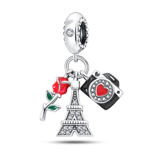 Paris Eiffel Tower Camera and Rose Dangle Charm