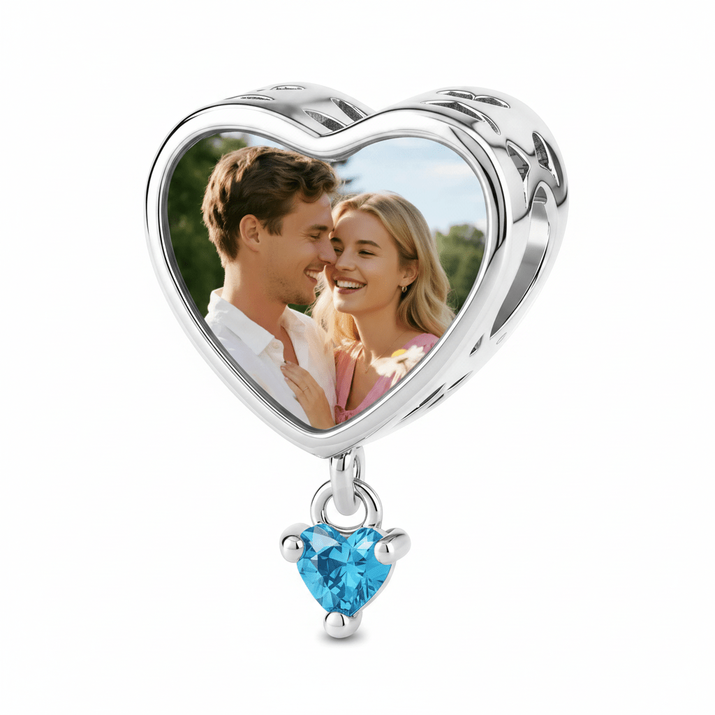 Pangama Jewelry Personalized Photo & Engraved Heart Birthstone Dangle Charm