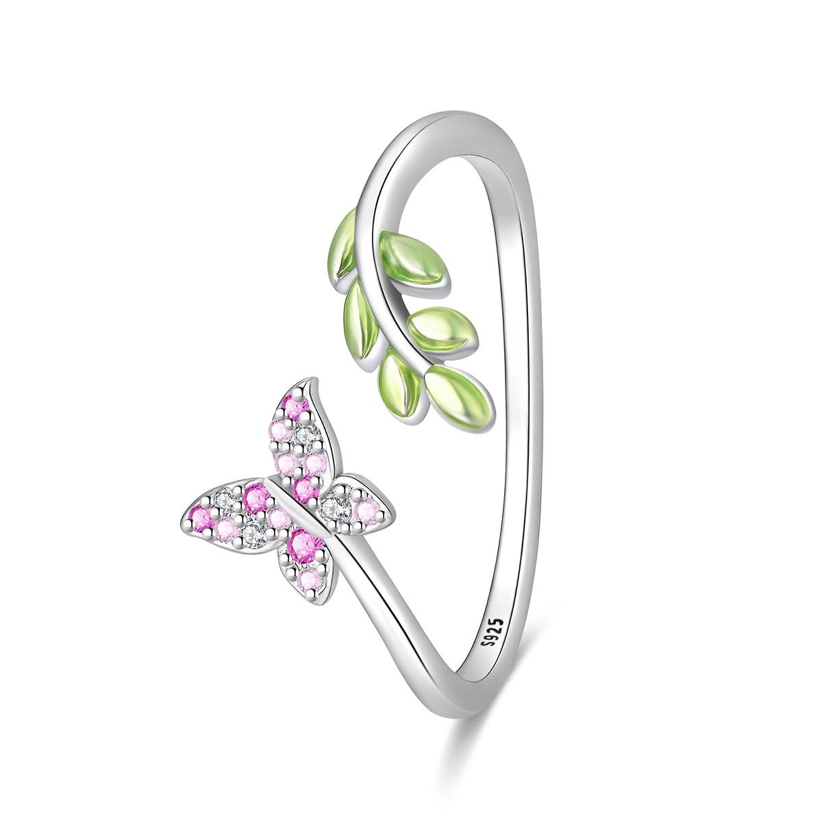 Pangama Jewelry Pink Butterfly & Green Leaf Adjustable Ring