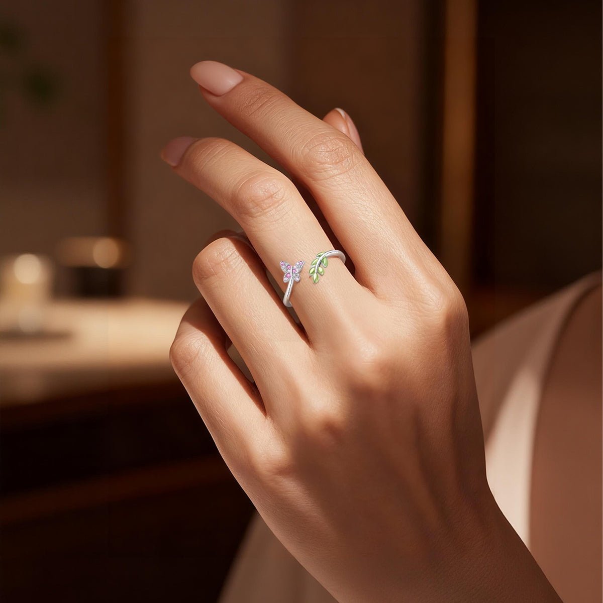 Pangama Jewelry Pink Butterfly & Green Leaf Adjustable Ring