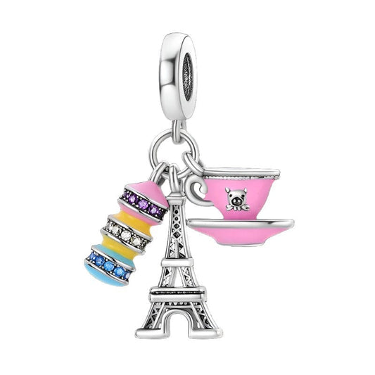 Pink Coffee Macaron Paris Eiffel Tower Triple Dangle Charm