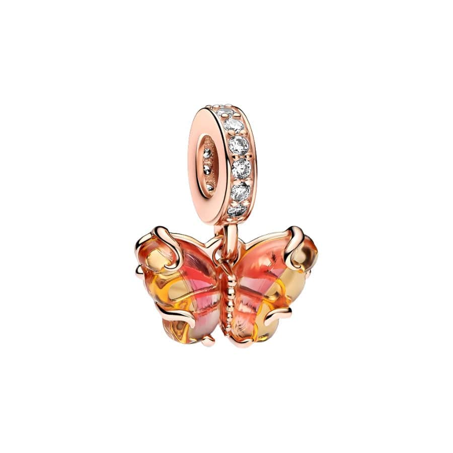 Pink & Yellow Murano Glass Butterfly Dangle Charm