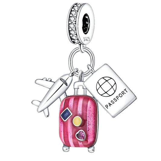 Plane, Passport and Pink Suitcase Triple Dangle Charm