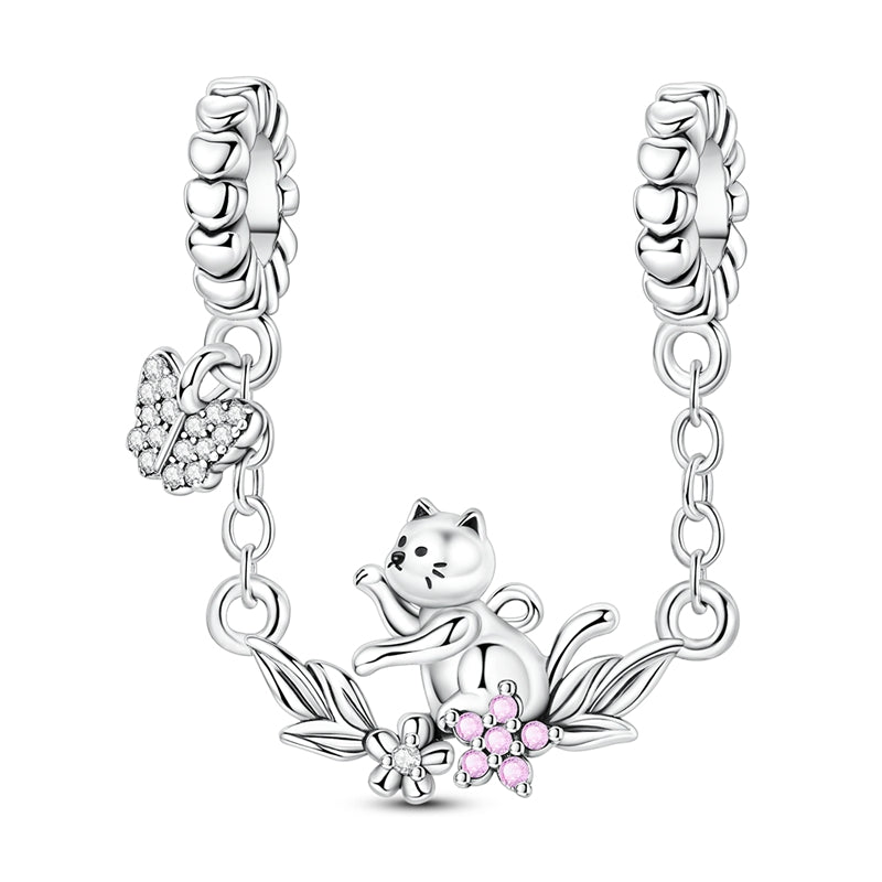 Pangama Jewelry Playful Cat with Butterfly Safety Chain Charm