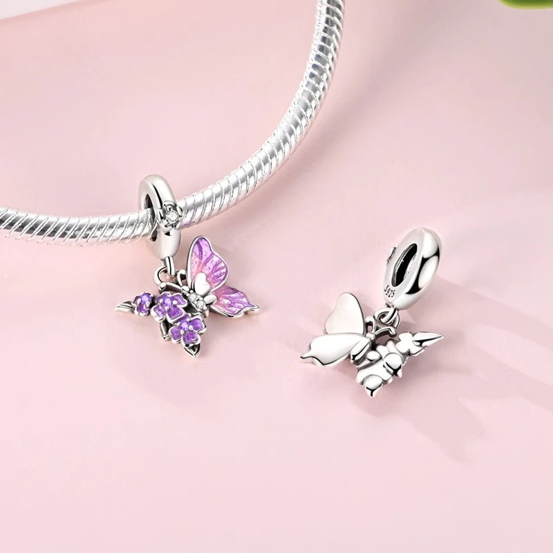 Pangama Jewelry Purple Butterfly & Floral Dangle Charm