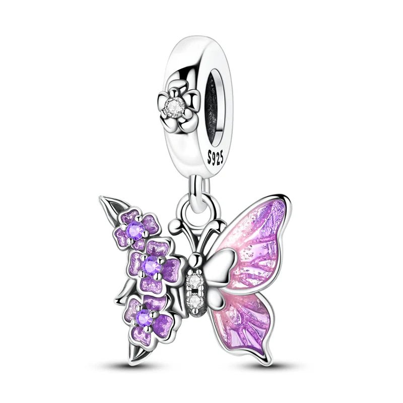 Pangama Jewelry Purple Butterfly & Floral Dangle Charm