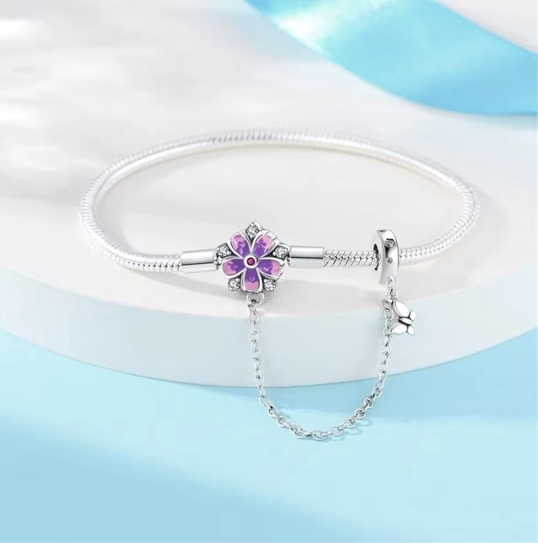 Pangama JewelryPurple Flower Charm Bracelet with Butterfly Dangle and Safety Chain