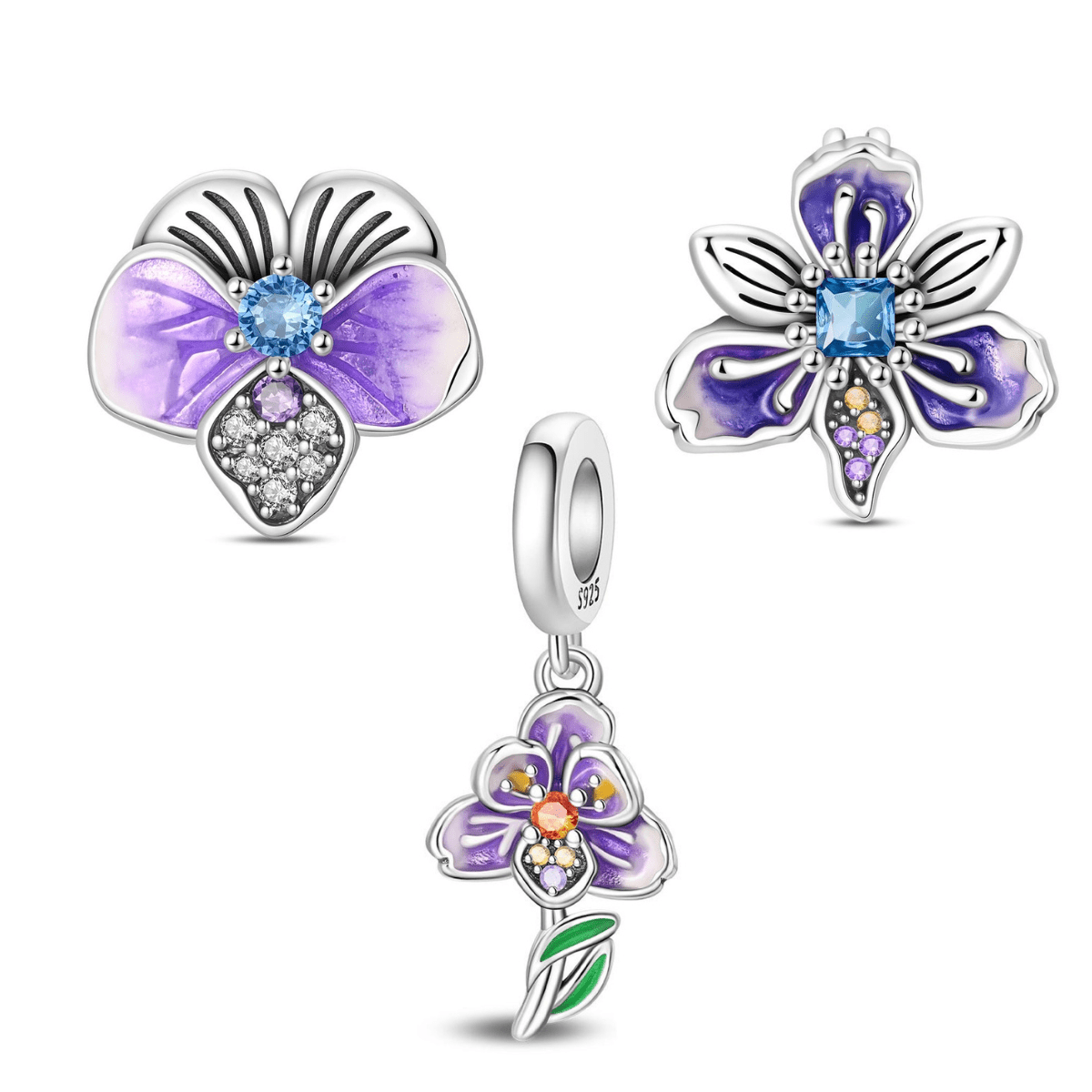 Pangama Jewelry Purple Orchid & Blossom Flower Charm Trio
