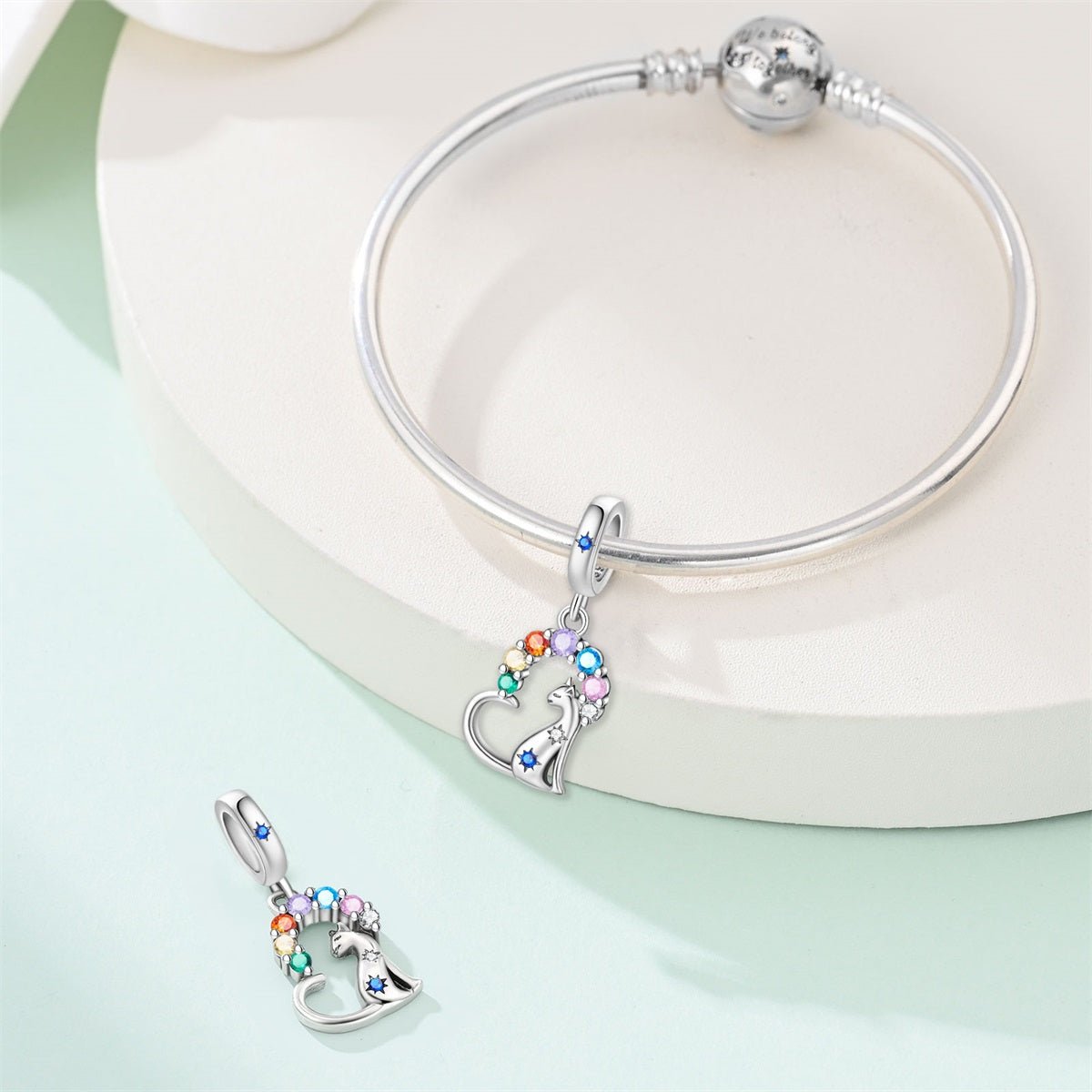 Pangama Jewelry Rainbow Gems & Sitting Cat Dangle Charm