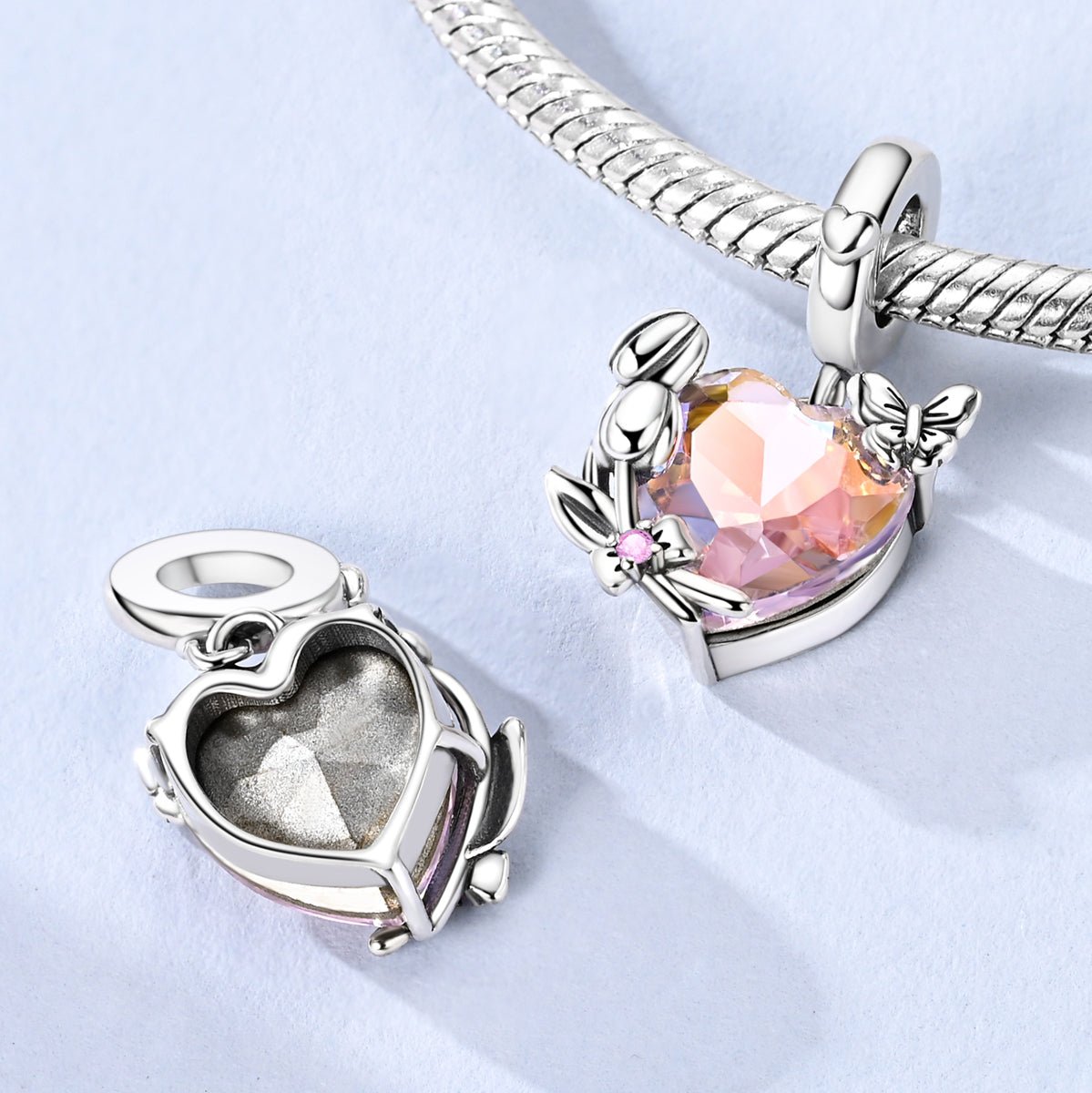 Pangama Jewelry Rainbow Heart with Butterfly & Flowers Dangle Charm