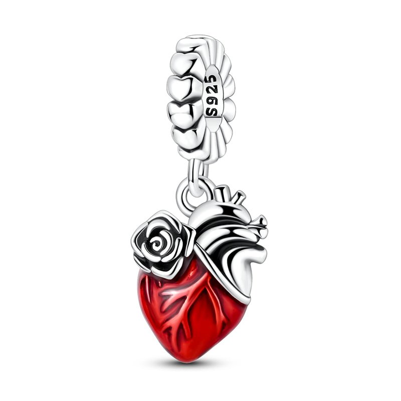 Pangama Jewelry Red Anatomical Heart with Rose Dangle Charm