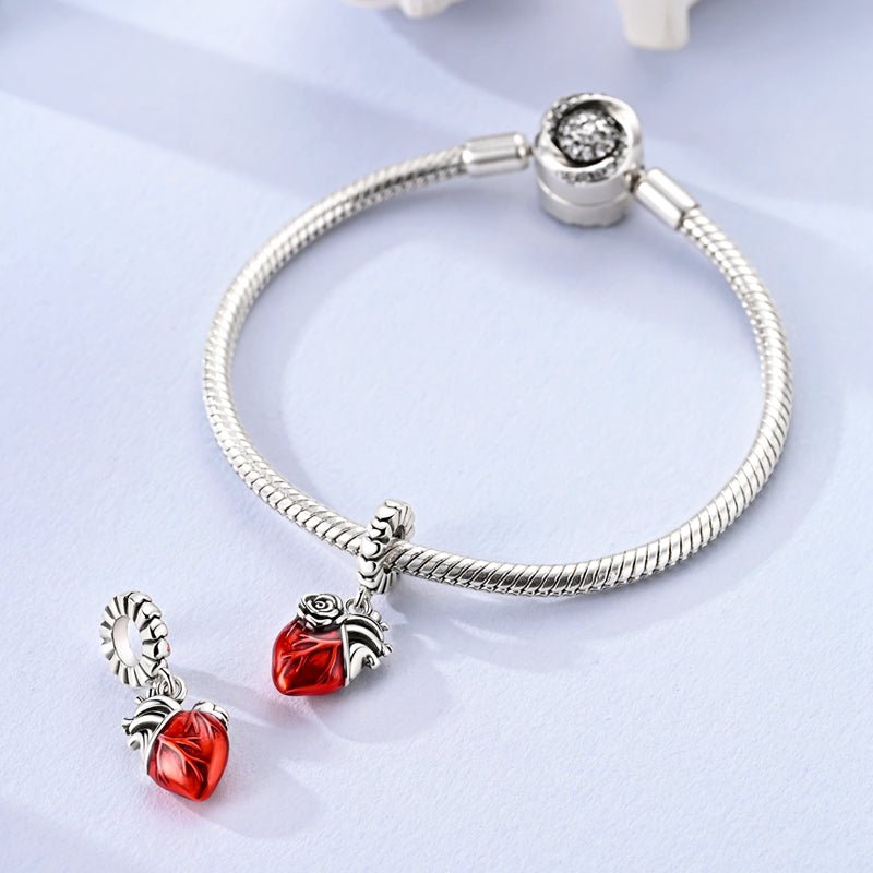 Pangama Jewelry Red Anatomical Heart with Rose Dangle Charm
