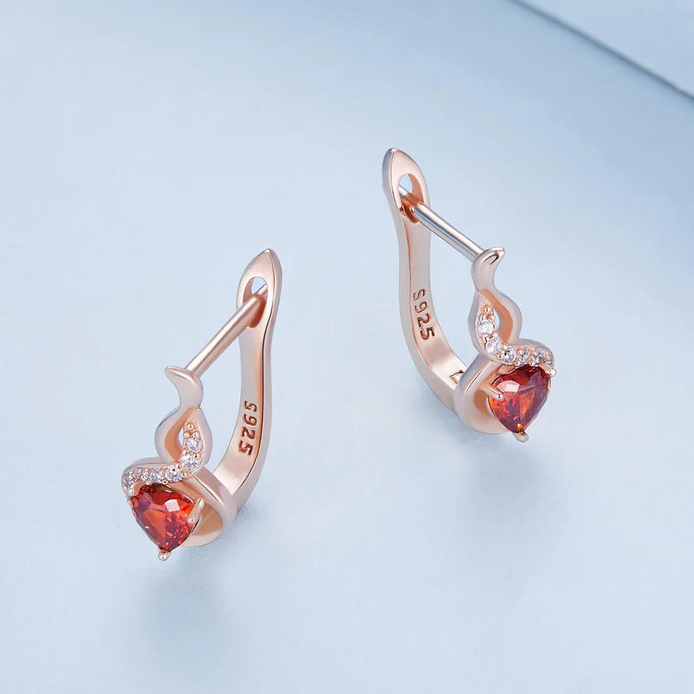 Pangama Jewelry Rose Gold Flame - Heart Crystal Hoop Earrings
